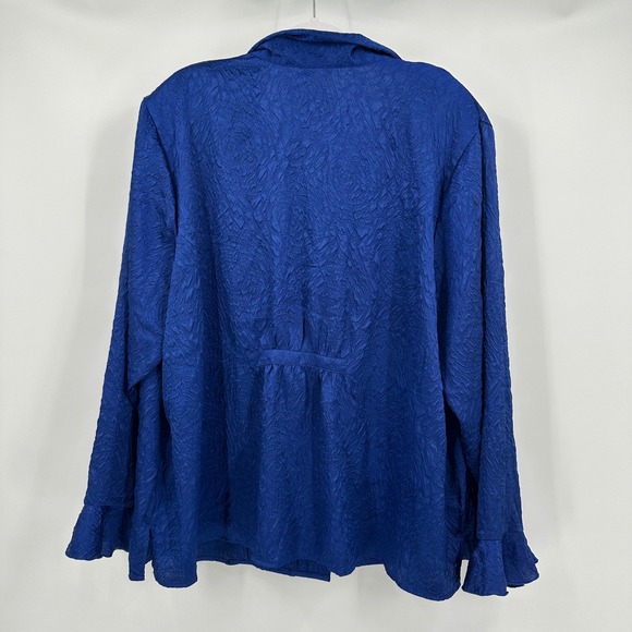 Maggie Barnes Womens Textured Boho Button Top Sz 3X Artsy Ruffle Cuff Royal Blue - Picture 2 of 7